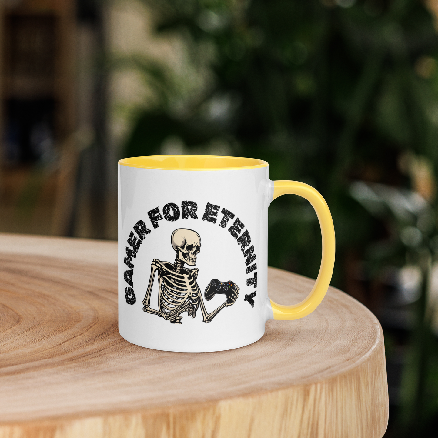 Skeleton Gamer for Eternity Logo on a White Mug with Yellow handle and Yellow inside