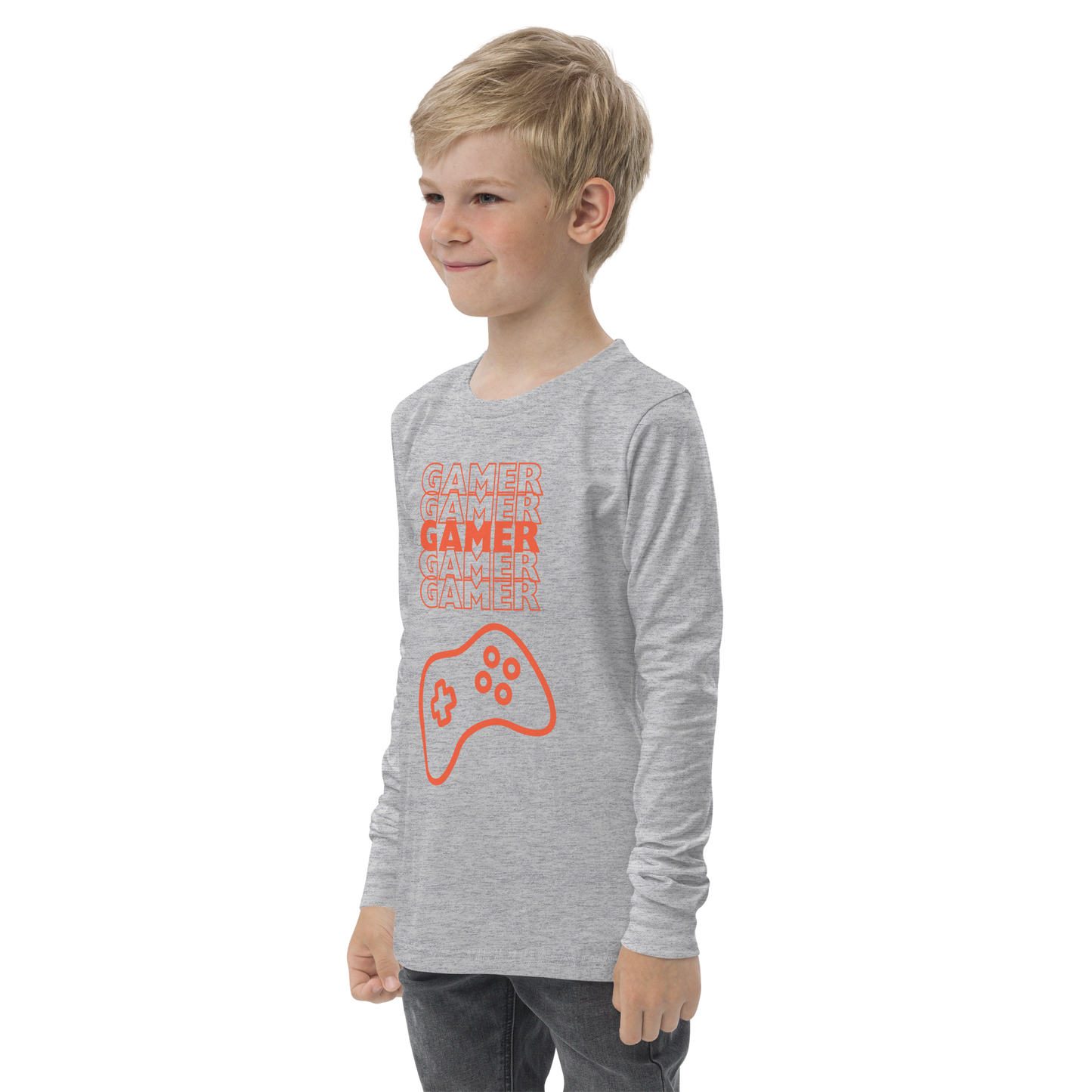 Gamer repeated 5 times in orange with an orange game controller logo on Athletic Heather youth long sleeve tee