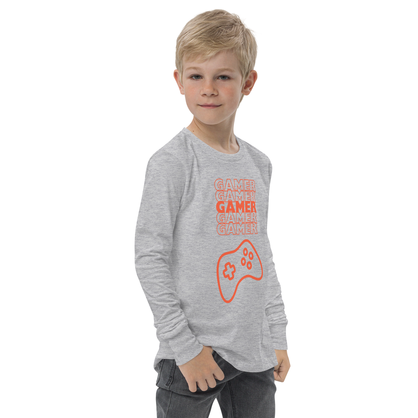 Gamer repeated 5 times in orange with an orange game controller logo on Athletic Heather youth long sleeve tee