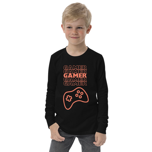 Gamer repeated 5 times in orange with an orange game controller logo on Black youth long sleeve tee