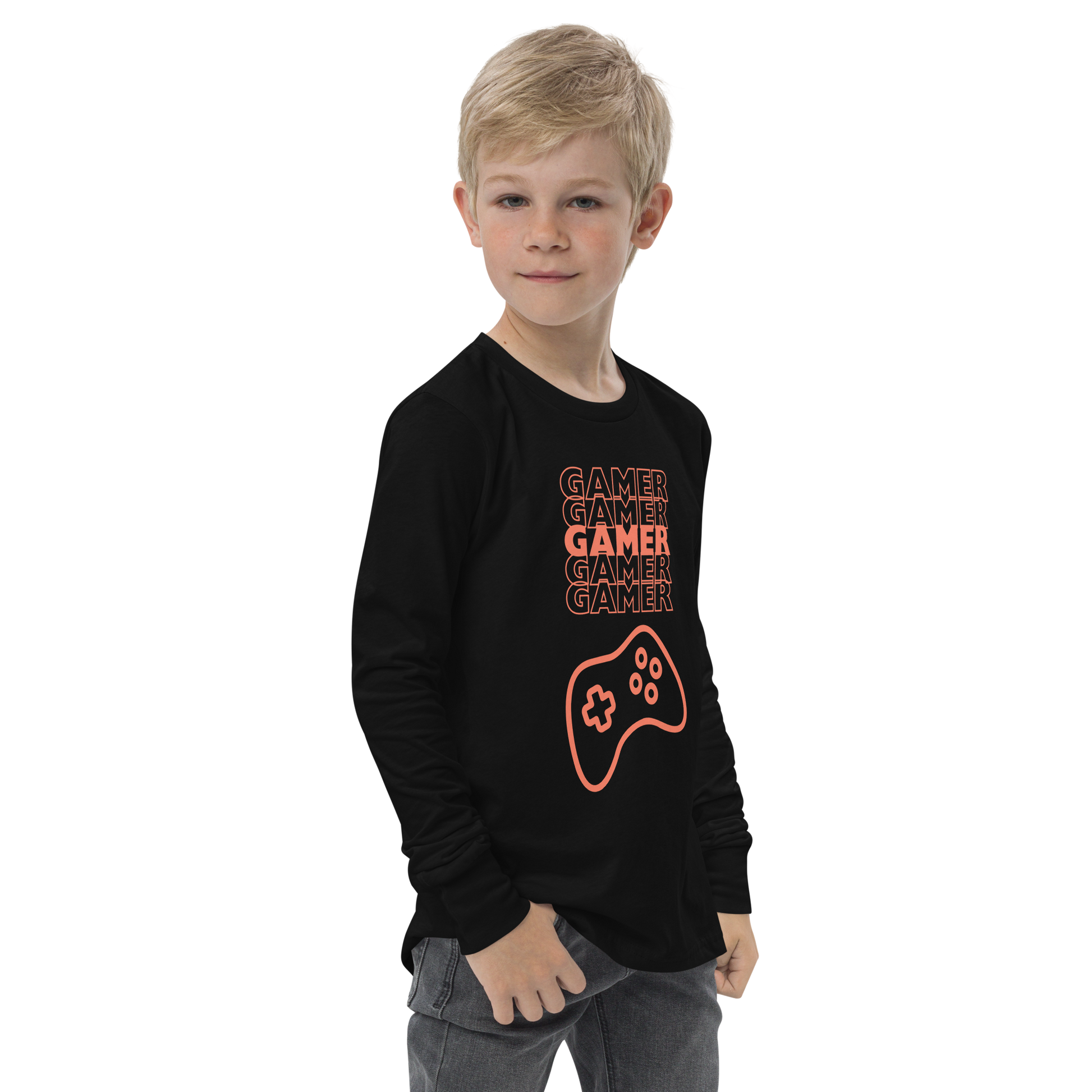 Gamer repeated 5 times in orange with an orange game controller logo on Black youth long sleeve tee