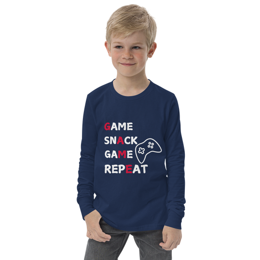 game snack repeat white & red lettering logo on Navy colored youth long sleeve tee