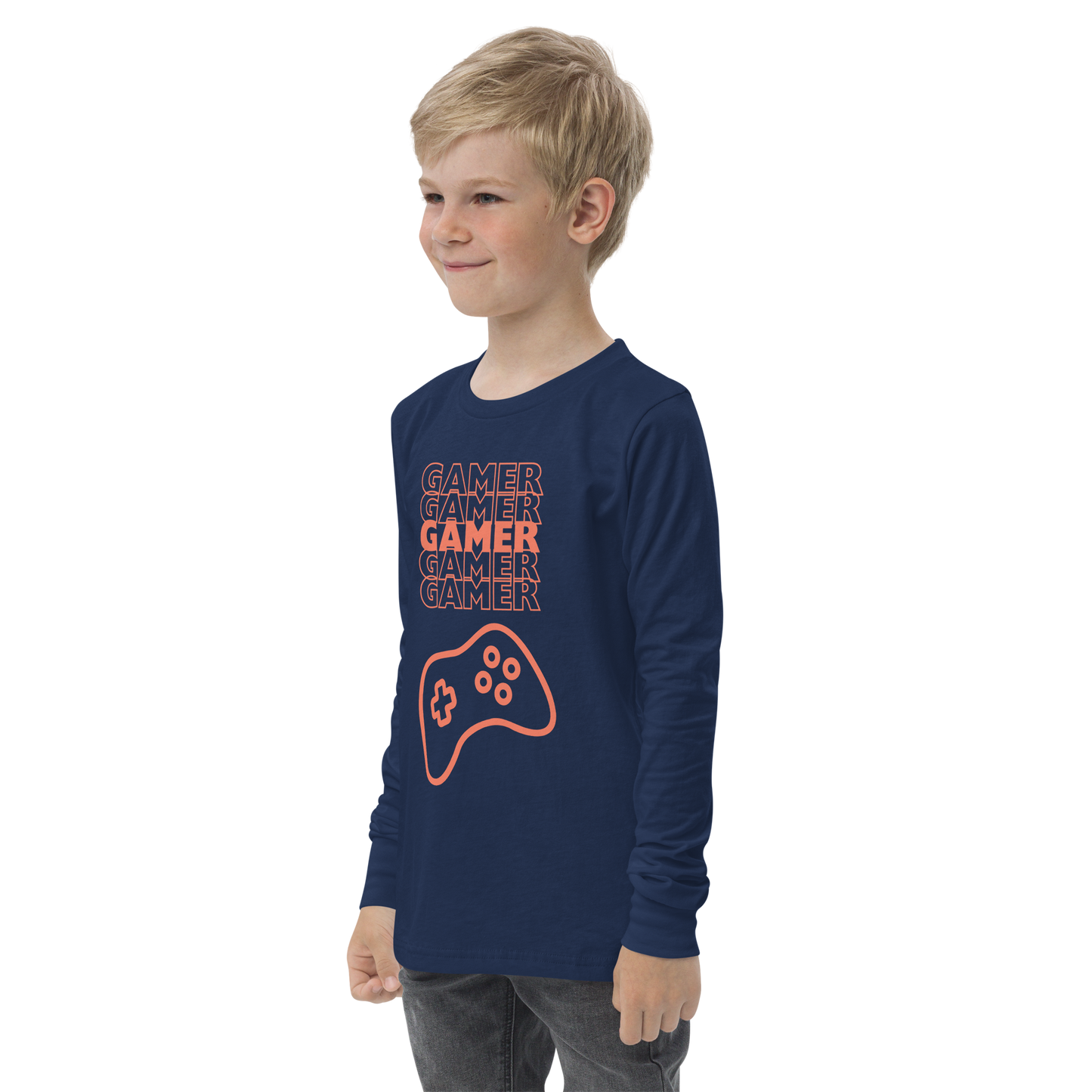 Gamer repeated 5 times in orange with an orange game controller logo on Navy youth long sleeve tee