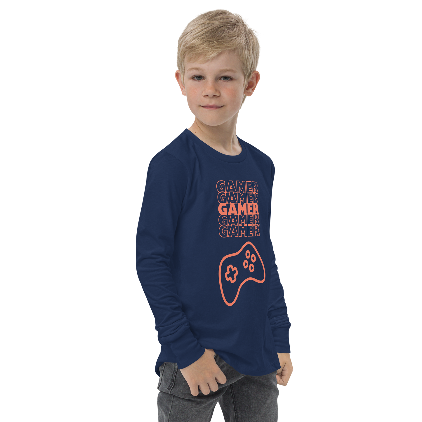 Gamer repeated 5 times in orange with an orange game controller logo on Navy youth long sleeve tee