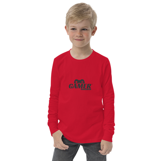 Gamer Gifts and Gear logo on Red youth long sleeve tee