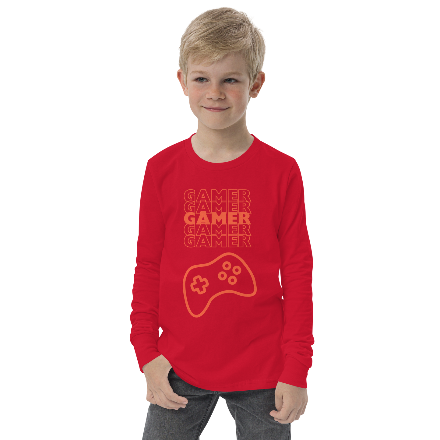 Gamer repeated 5 times in orange with an orange game controller logo on Red youth long sleeve tee