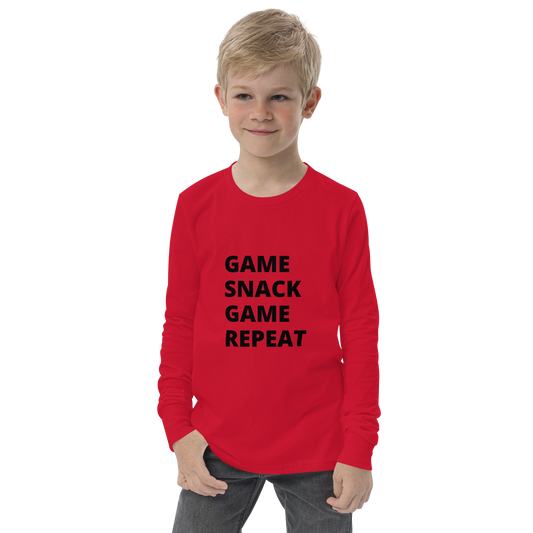 game snack repeat black & red lettering logo on Red colored youth long sleeve tee