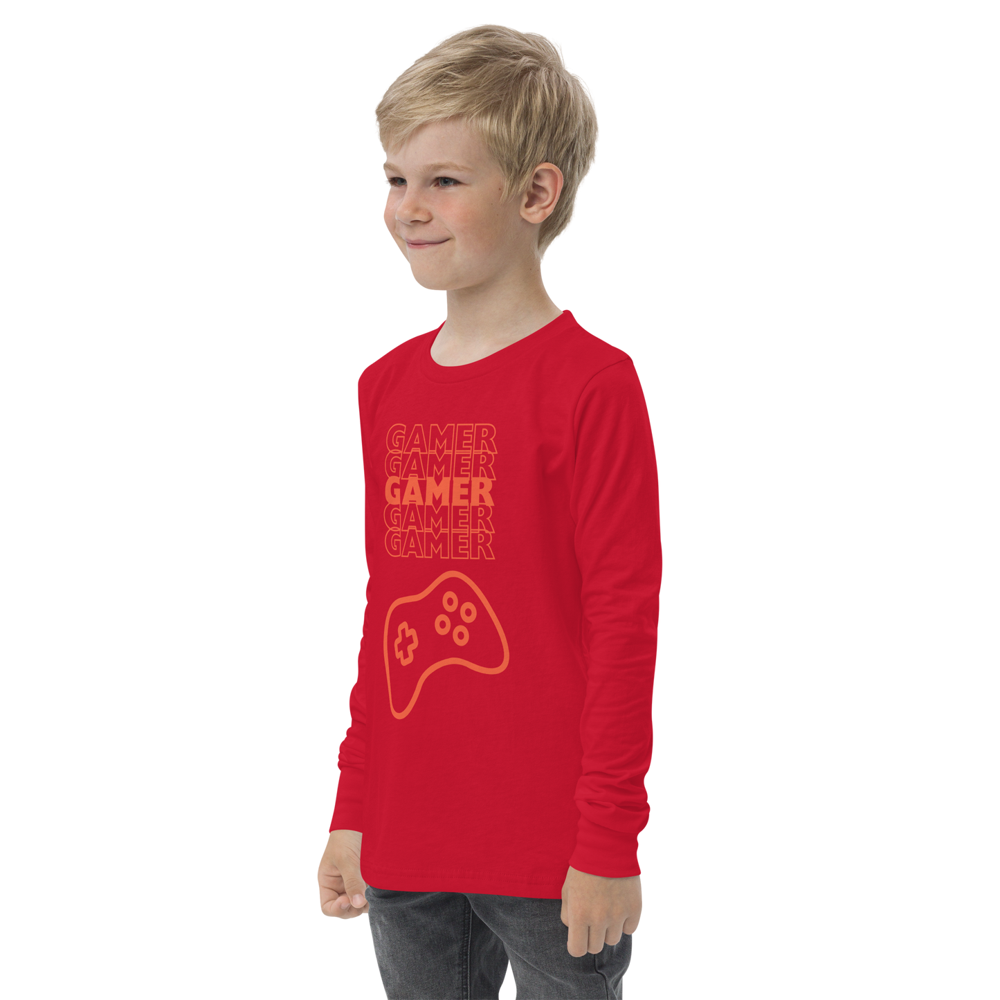 Gamer repeated 5 times in orange with an orange game controller logo on Red youth long sleeve tee