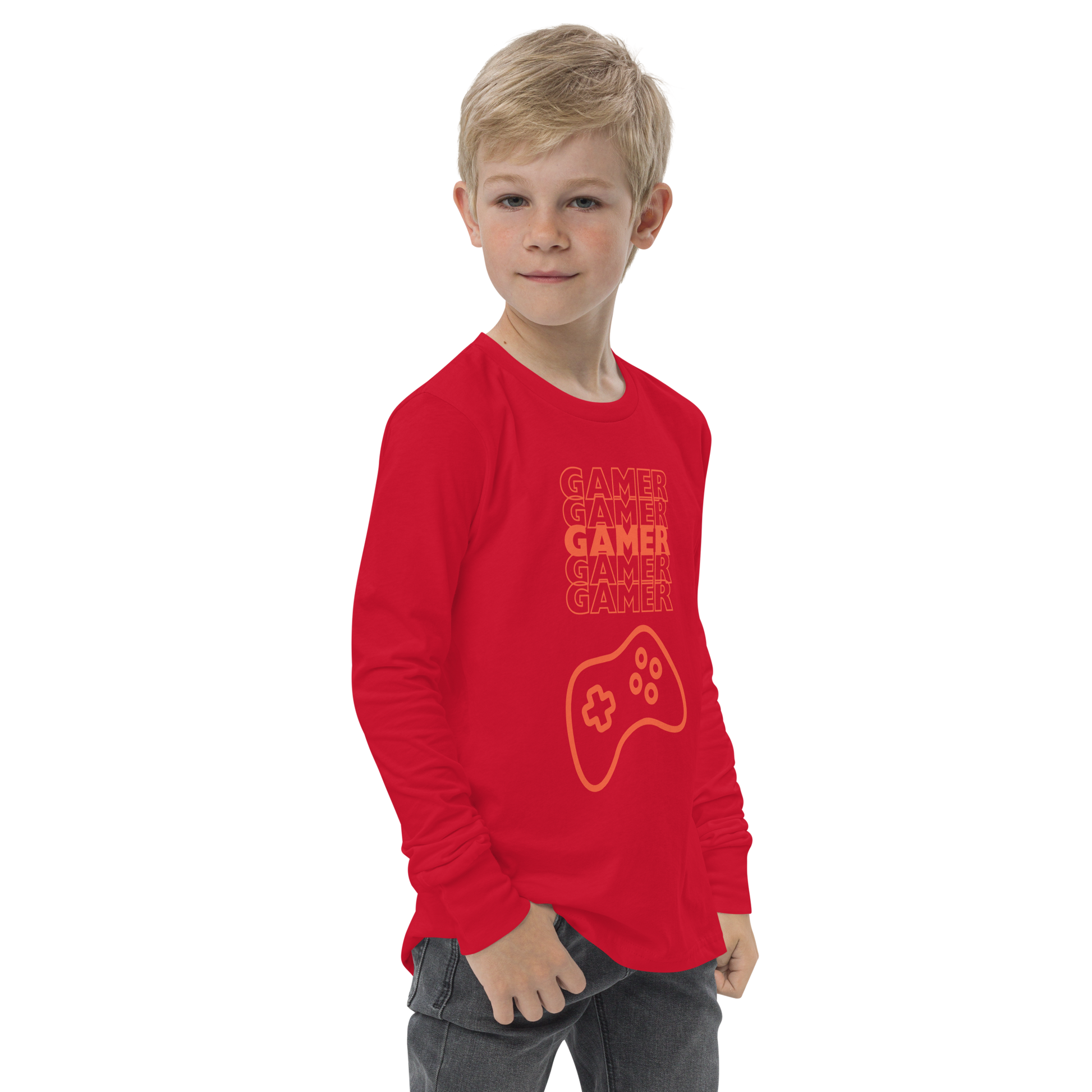 Gamer repeated 5 times in orange with an orange game controller logo on Red youth long sleeve tee