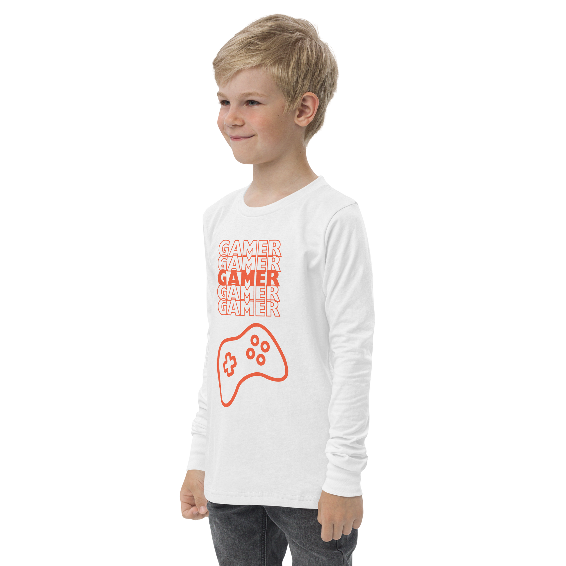 Gamer repeated 5 times in orange with an orange game controller logo on White youth long sleeve tee