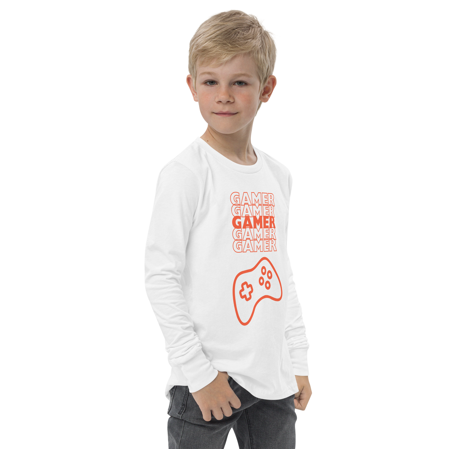 Gamer repeated 5 times in orange with an orange game controller logo on White youth long sleeve tee